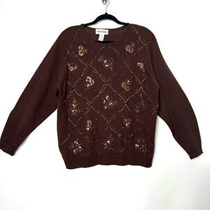 Vintage Cottagecore Chocolate Brown Sweater Sequin Embroidered Grannycore Cozy
